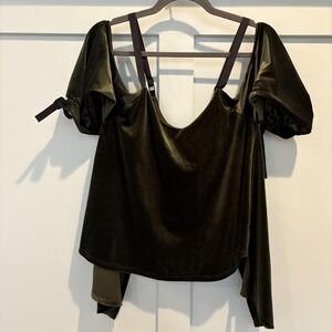 Romeo + Juliet Couture Top Womens Medium Green‎ Velvet Puff Sleeve Tie Back